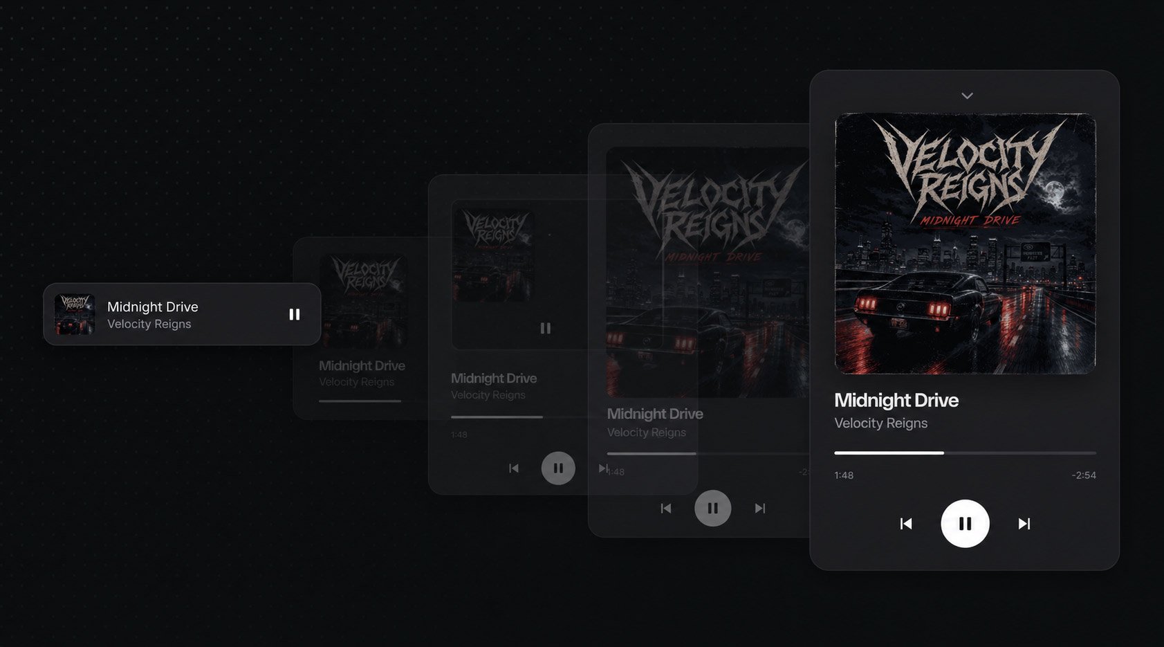 A compact now playing bar morphing step by step into a full music player card
