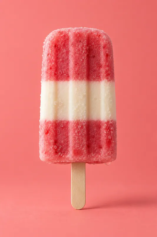A striped strawberry ice lolly