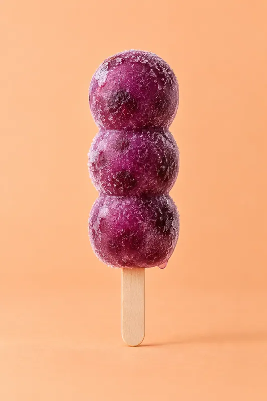 A grape ice lolly of three spheres