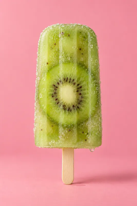 A clear ice lolly with kiwi slices